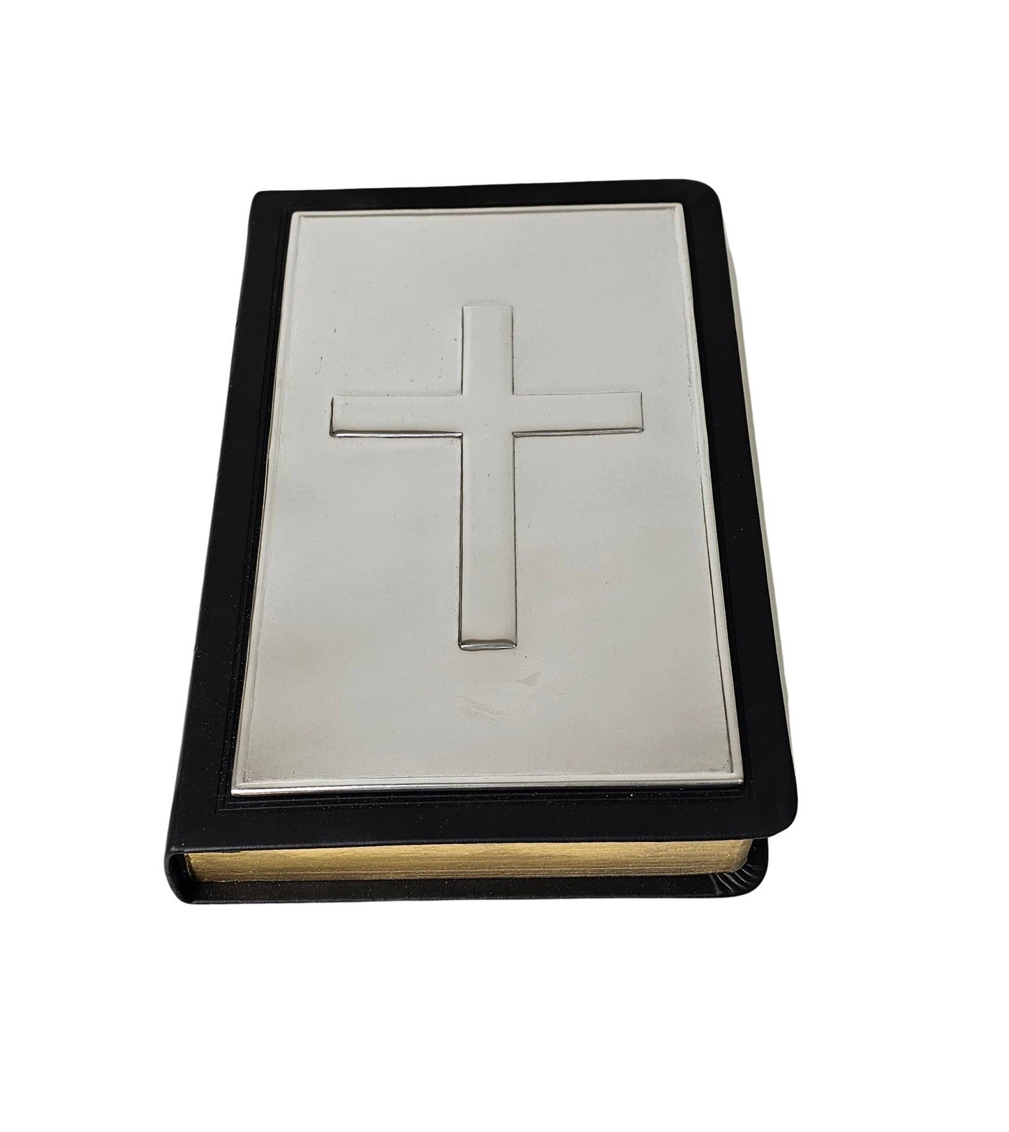 KJV Deluxe Leather Touch Black Bible with Engravable Pewter Plate With Cross