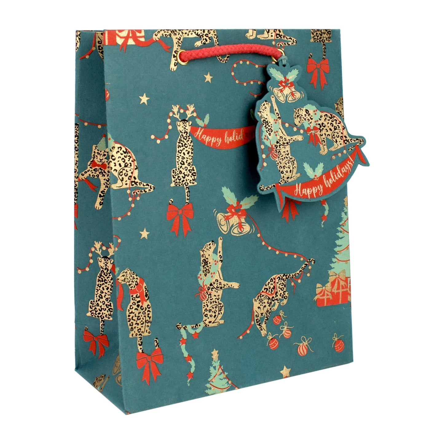 Festive Happy Holidays Leopard Medium Gift Bag