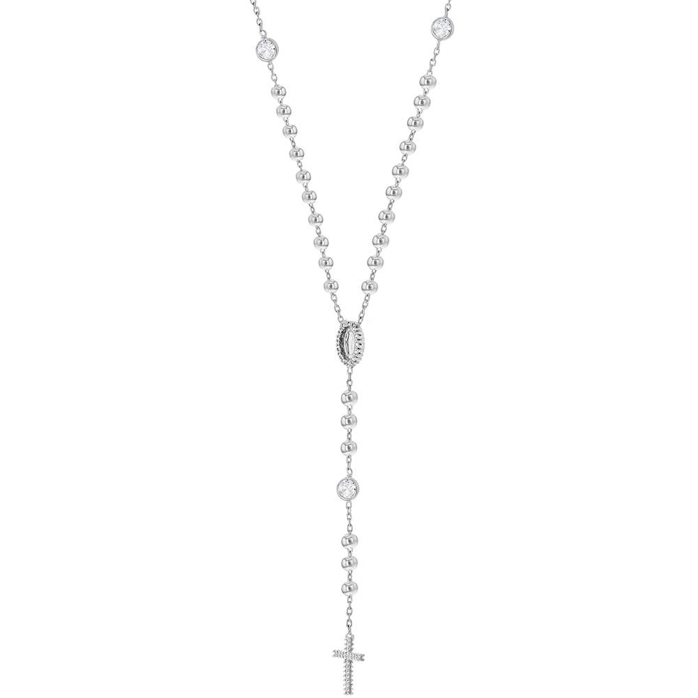 Sterling Silver Beaded Rosary & Cross Necklace