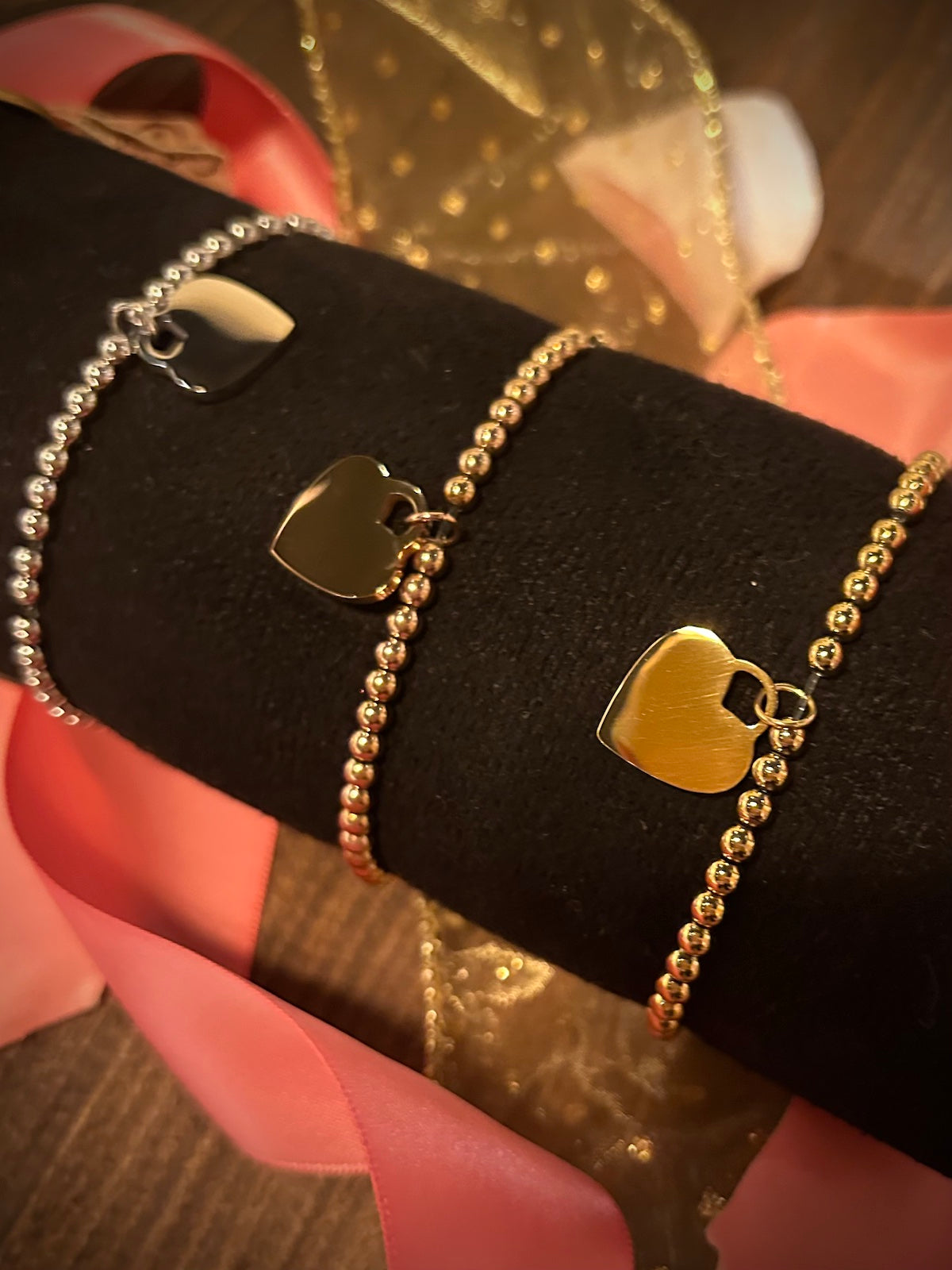 18K Gold PVD Coated Stainless Steel Heart and Bead Stretch Bracelets