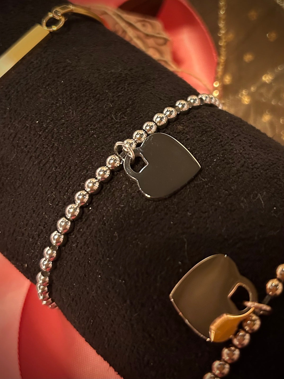 18K Gold PVD Coated Stainless Steel Heart and Bead Stretch Bracelets