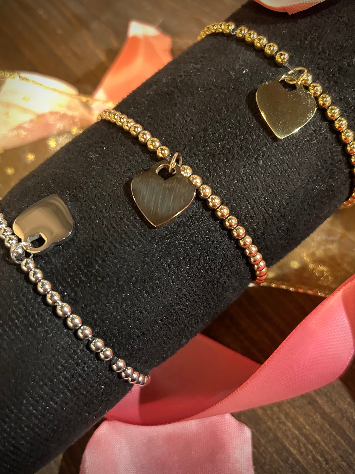 18K Gold PVD Coated Stainless Steel Heart and Bead Stretch Bracelets