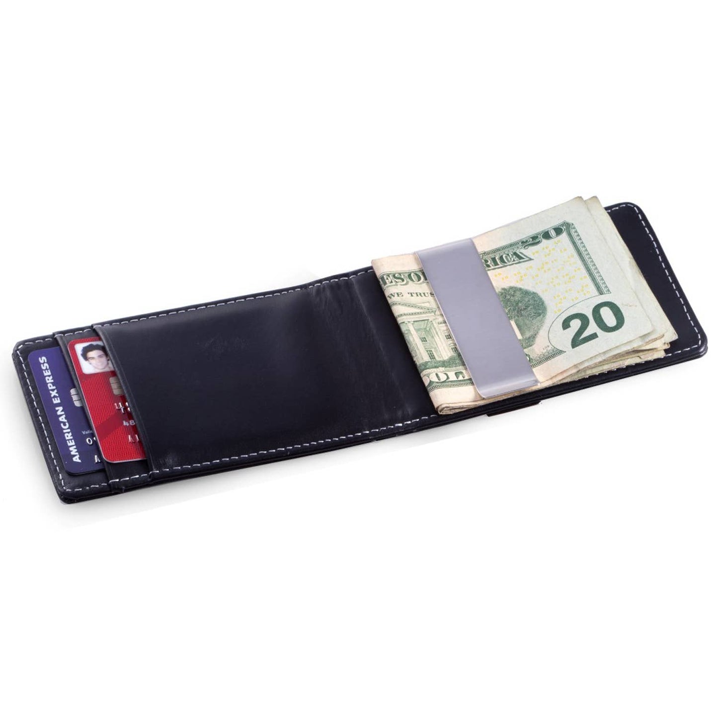 Slim Black Leather Money Clip Wallet