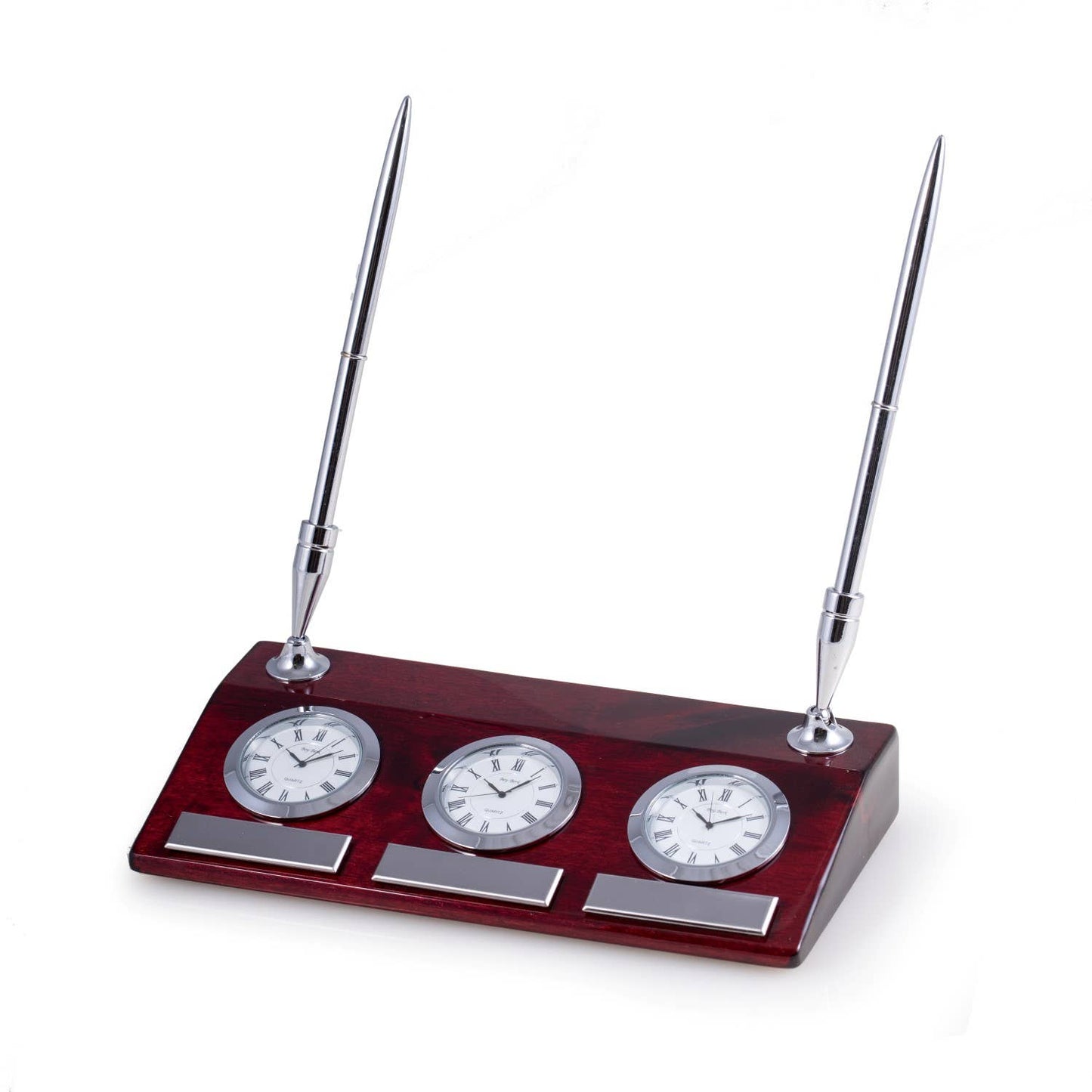 Rosewood & Chrome 3 Time Zone "Tokyo" Desk Clock Pen Stand