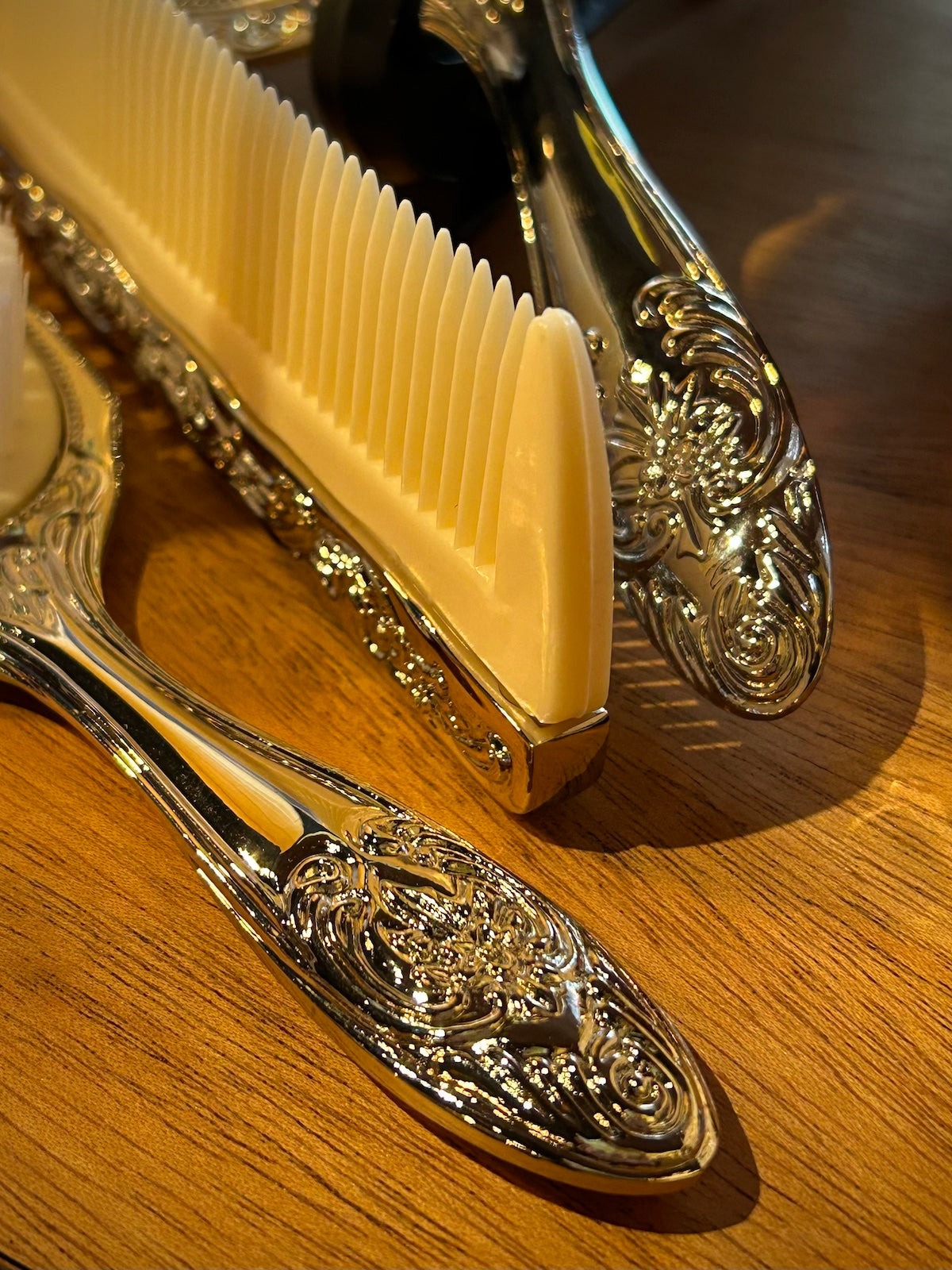Ornate Silver Brush, Comb & Mirror Vanity Set