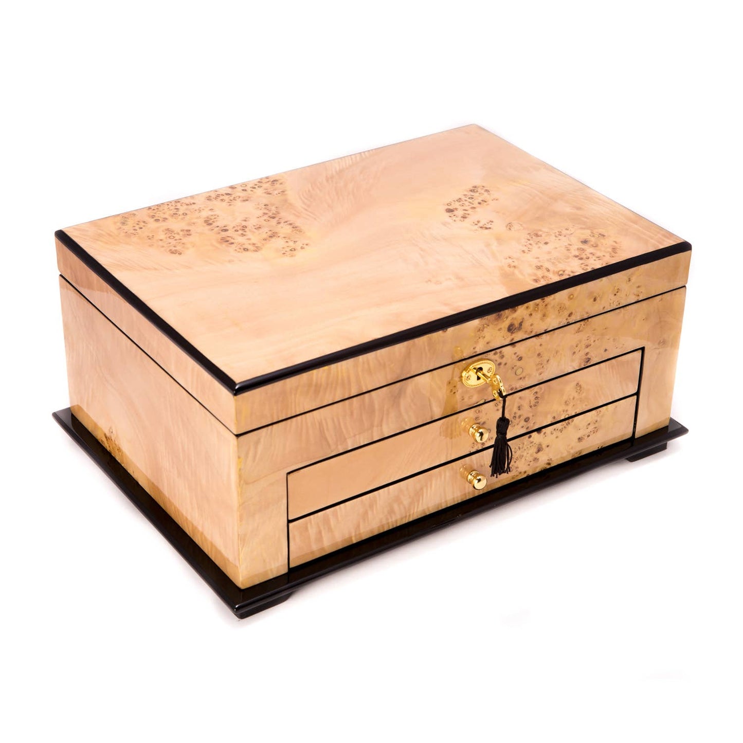 Birdseye Maple Lacquered Wood 3 Level Jewelry Chest