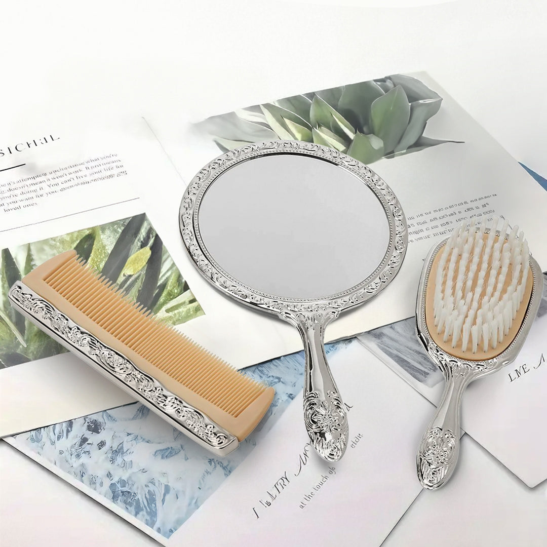 Ornate Silver Brush, Comb & Mirror Vanity Set