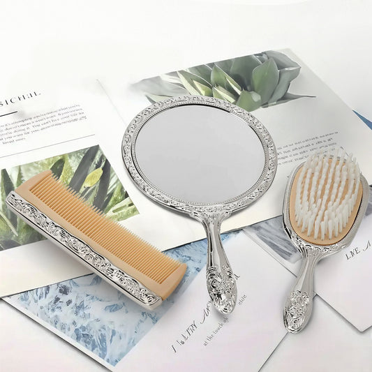 Ornate Silver Brush, Comb & Mirror Vanity Set