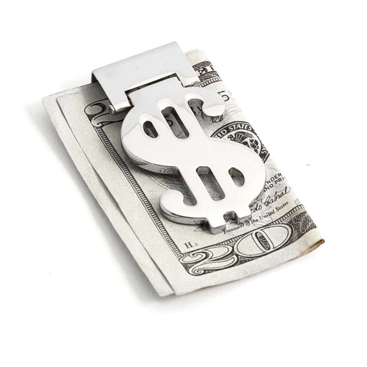 Silver Plated Hinged Money Clip with Dollar Sign Symbol