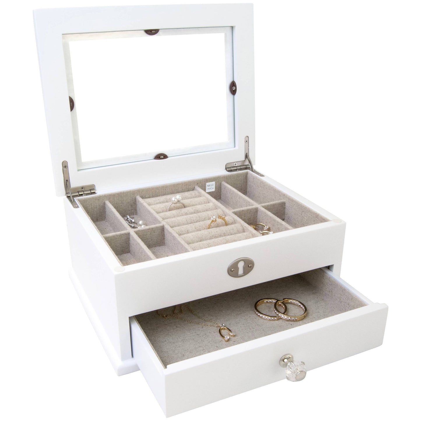 Mele & Co. "Mini Lili" Glass Top White Wooden Jewelry Box