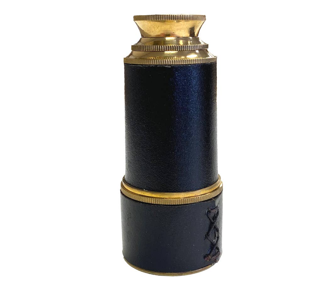 Brass Leather-Wrapped Pocket Telescope with Wood Display Box