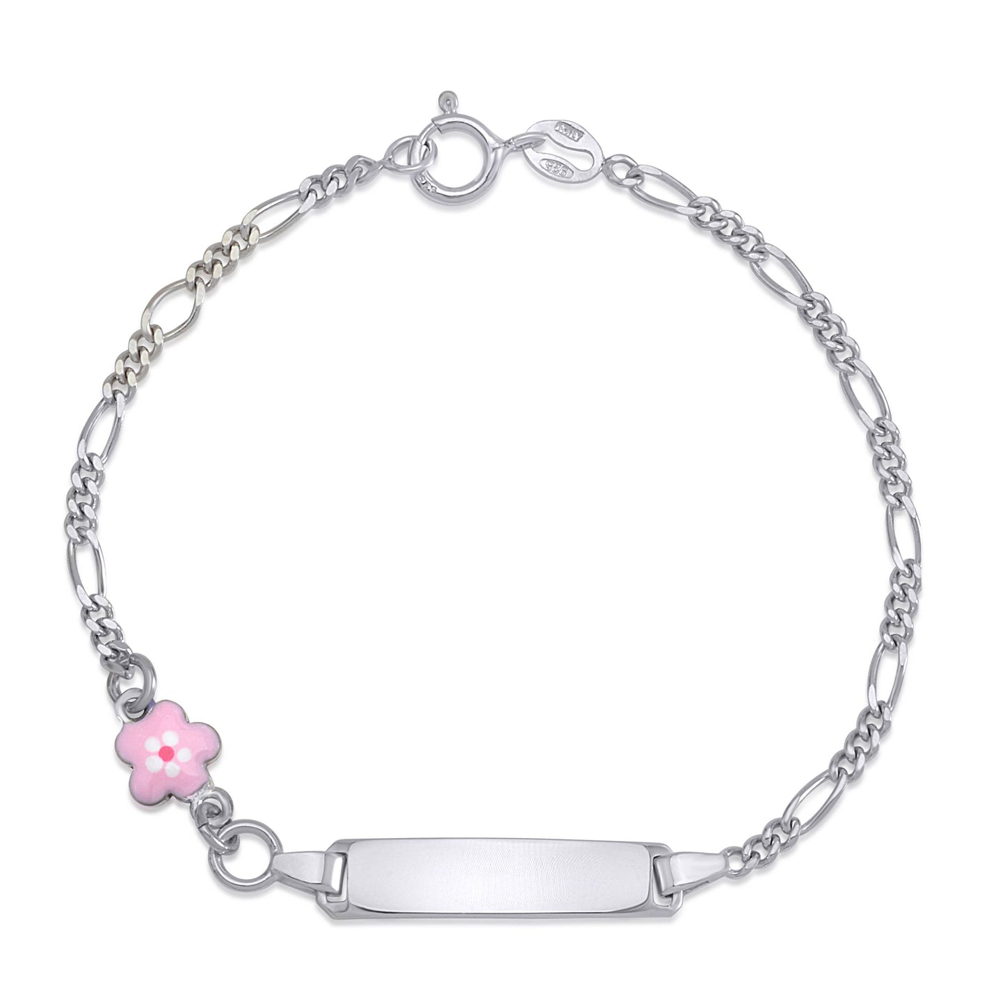 Sterling Silver Girls ID Bracelet with Pink Flower