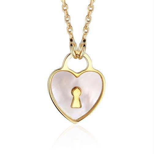 Gold Plated Sterling Silver Heart Keyhole Necklace Pendant With Mother of Pearl Inlay