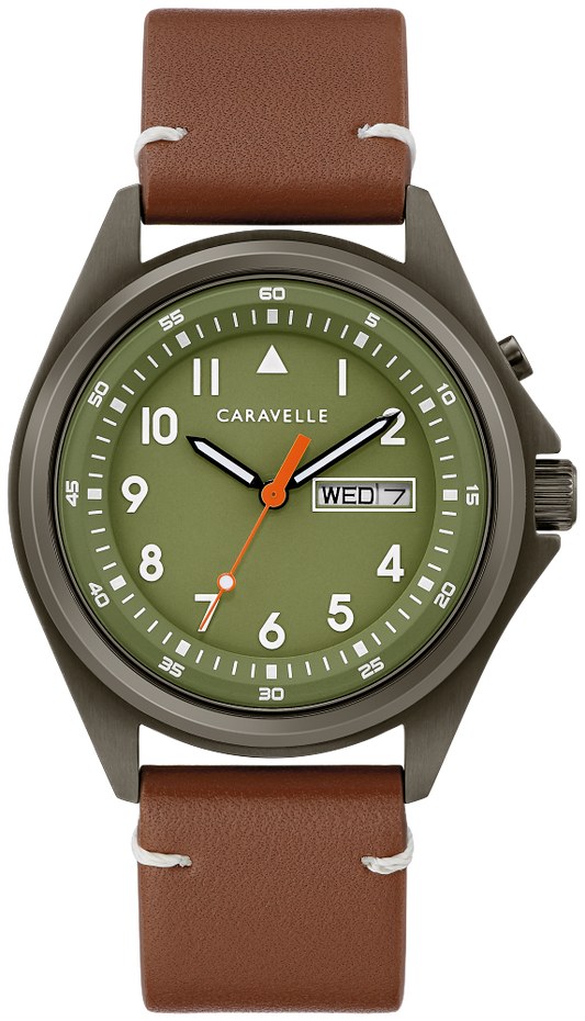 Caravelle by Bulova Classic Gunmetal & Brown Leather, Olive Dial Watch