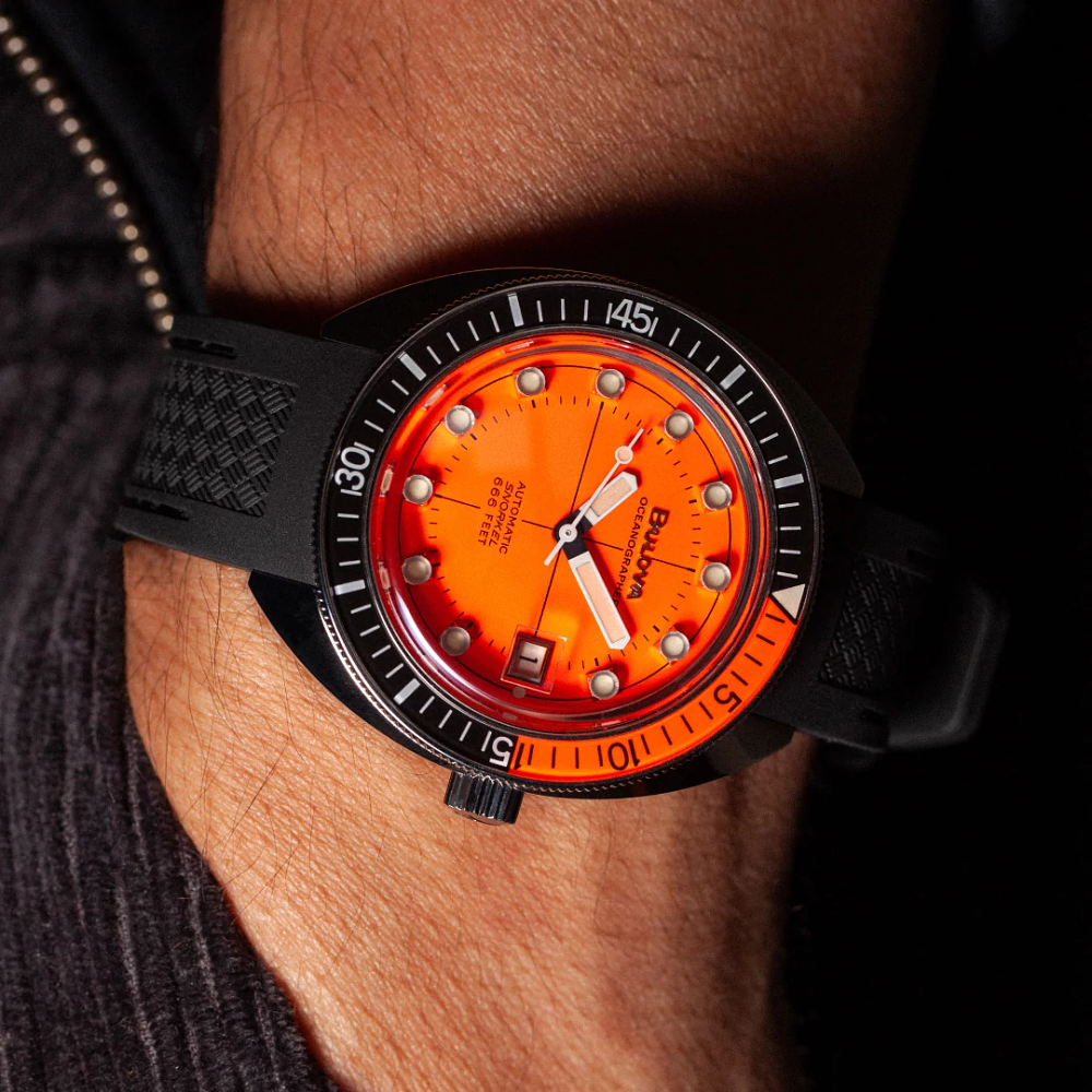 Bulova Oceanographer Devil Diver Orange Dial & Black Strap Watch