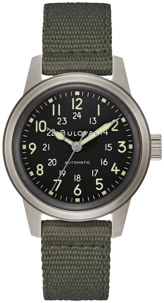 Bulova VWI Field Military Style Automatic Hack Watch with Olive Green Nylon Strap
