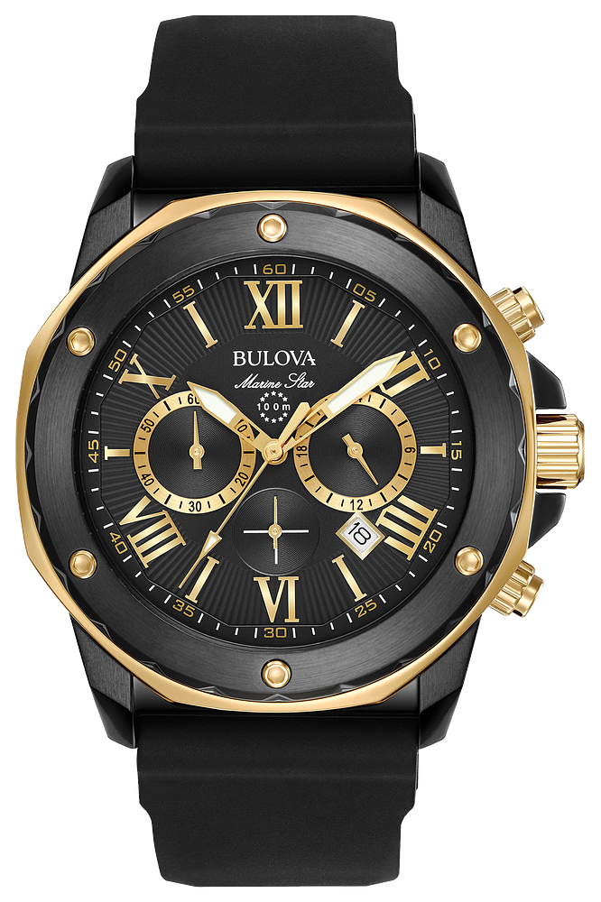 Bulova Marine Star Black & Gold Chronograph Watch with Silicon Strap