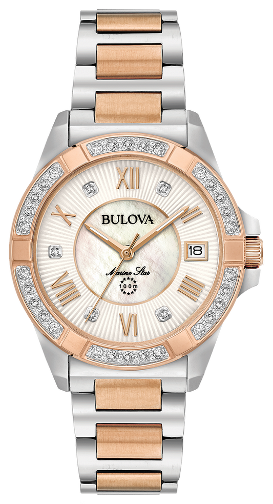 Bulova Ladies Marine Star Silver, Rose Gold, Diamond & Mother of Pearl Watch
