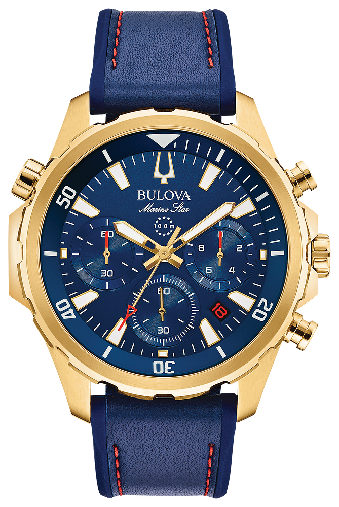 Bulova Marine Star Blue & Gold Chronograph Watch with Leather Strap