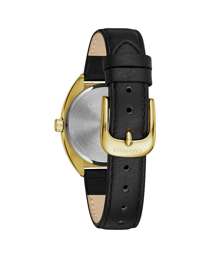 Caravelle by Bulova Ladies Retro Gold Watch with Black Leather Strap