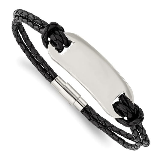 Chisel Stainless Steel Polished Black Woven Leather ID Bracelet