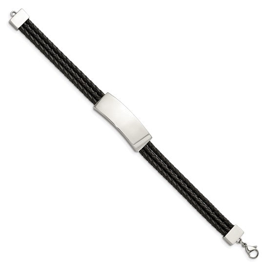 Chisel Stainless Steel Polished Black Woven Leather Multi Strand ID Bracelet