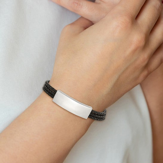 Chisel Stainless Steel Polished Black Woven Leather Multi Strand ID Bracelet