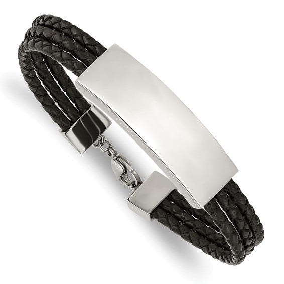 Chisel Stainless Steel Polished Black Woven Leather Multi Strand ID Bracelet