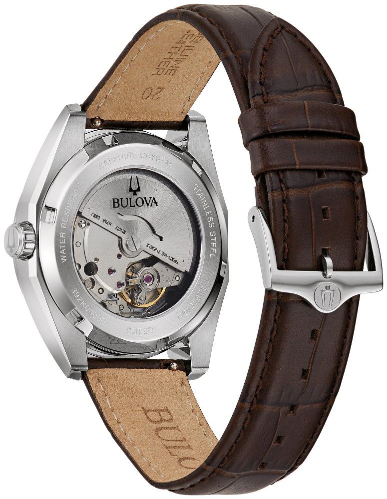 Bulova Surveyor Green Dial Silver Automatic Watch with Dark Brown Leather Strap