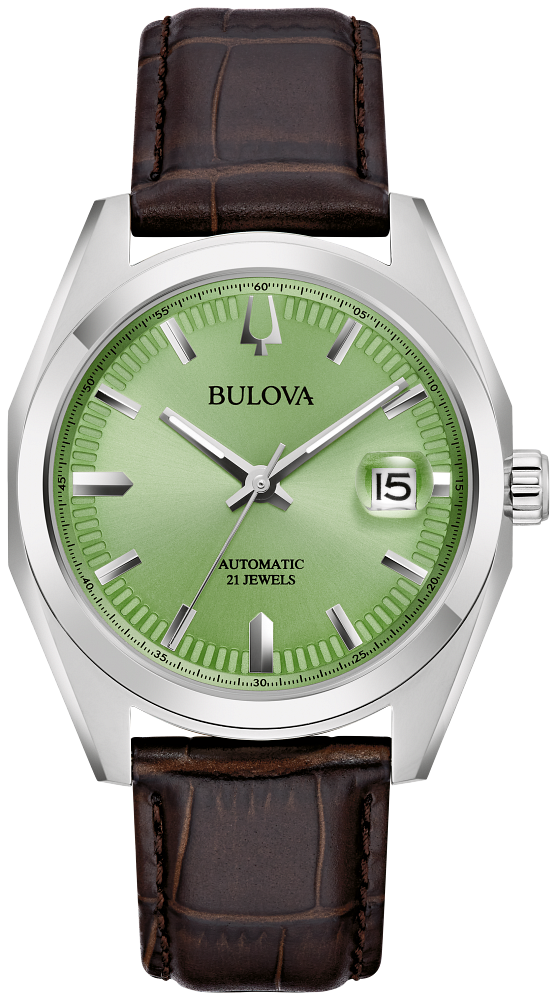 Bulova Surveyor Green Dial Silver Automatic Watch with Dark Brown Leather Strap
