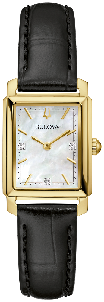 Bulova Ladies Sutton Diamond & Pearl, Gold & Black Leather Watch