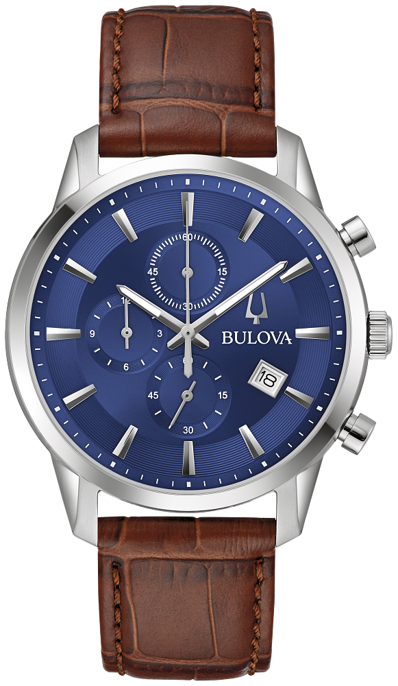 Bulova Sutton Stainless Steel, Blue Dial & Brown Leather Chronograph Watch