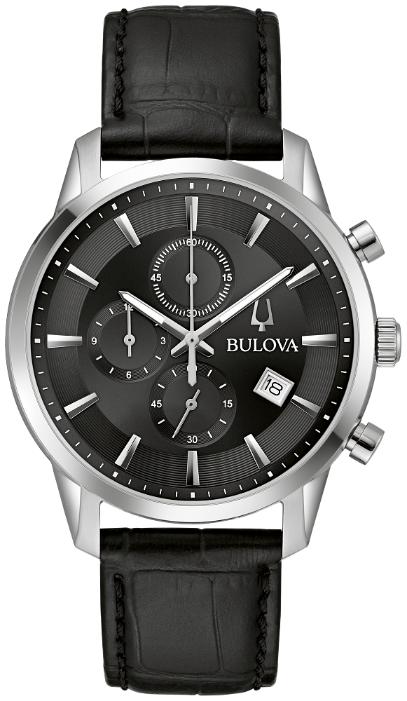 Bulova Sutton Stainless Steel & Black Leather Chronograph Watch