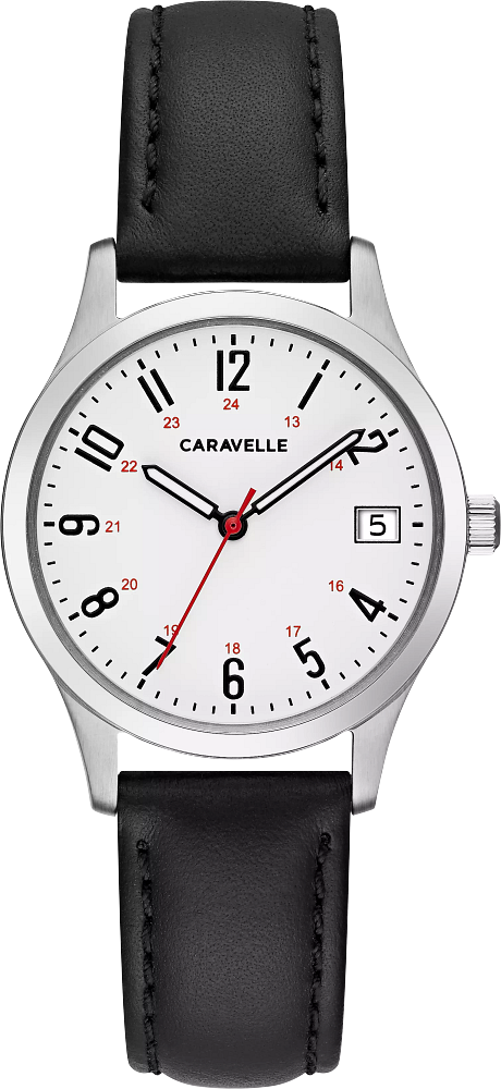 Caravelle by Bulova Ladies Traditional Stainless Steel & Black Leather Watch