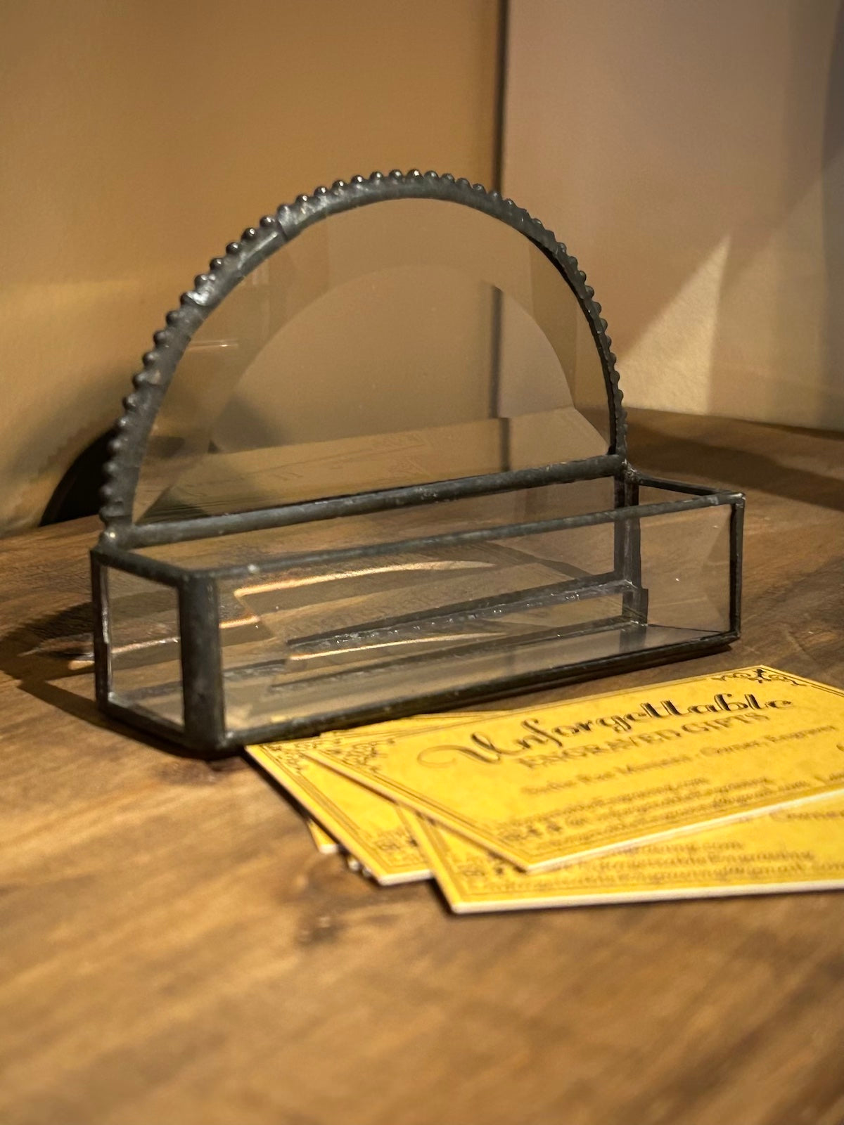 Black Metal and Faceted Glass Desk Business Card Holder