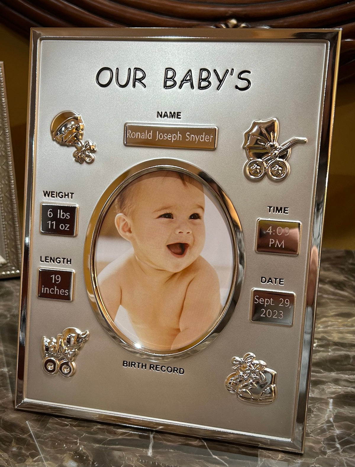 Silver Baby Birth Record Plaque Photo Frame