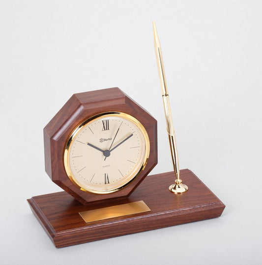 Barhill Midcentury Style Walnut Desk Clock & Pen/Pencil Stand