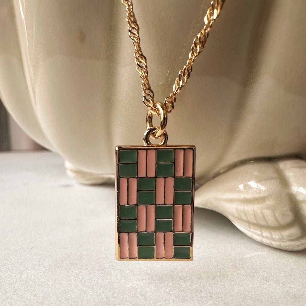Gold, Strawberry Pink and Matcha Green Checkmate Pendant Necklace