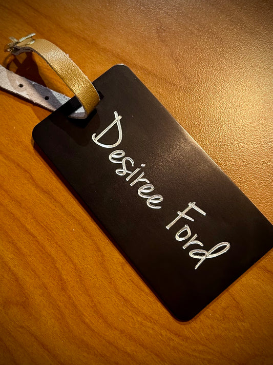 Black Anodized Aluminum Luggage Tag with Leather Strap