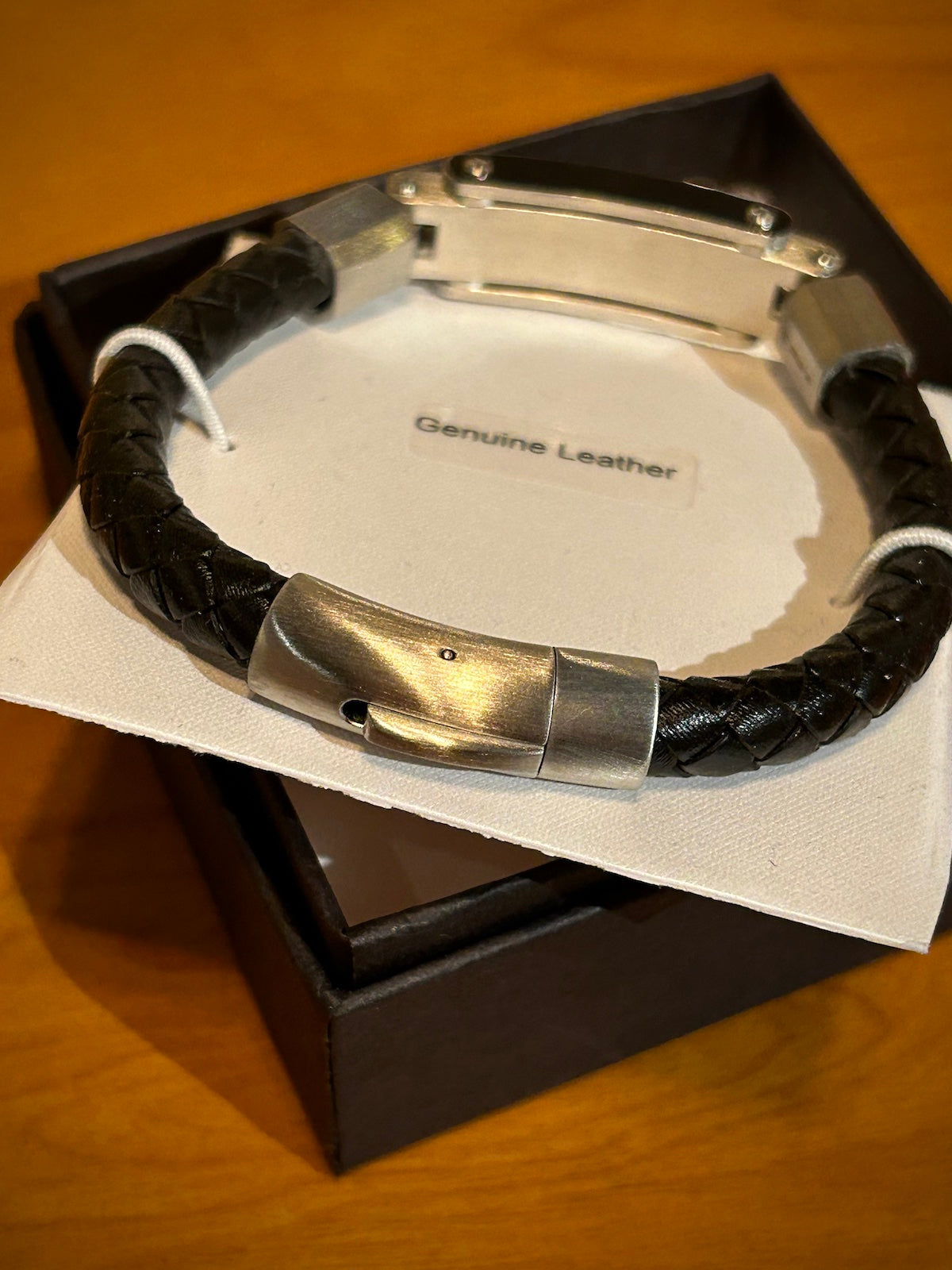 Black Braided Leather Stainless Steel ID Bracelet