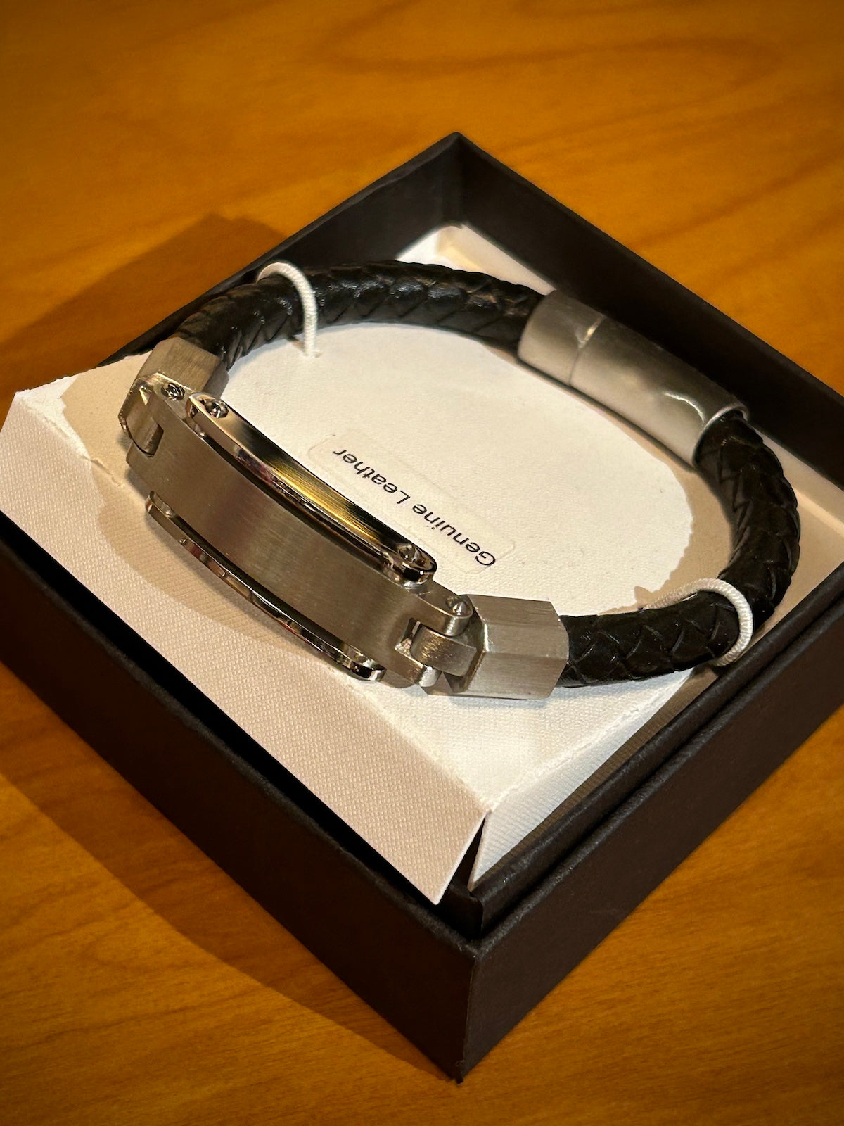 Black Braided Leather Stainless Steel ID Bracelet
