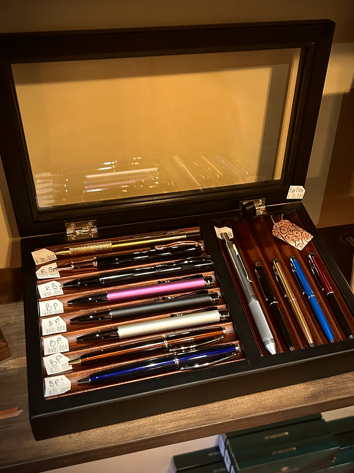 Black Wood Glass Lid Pen Box