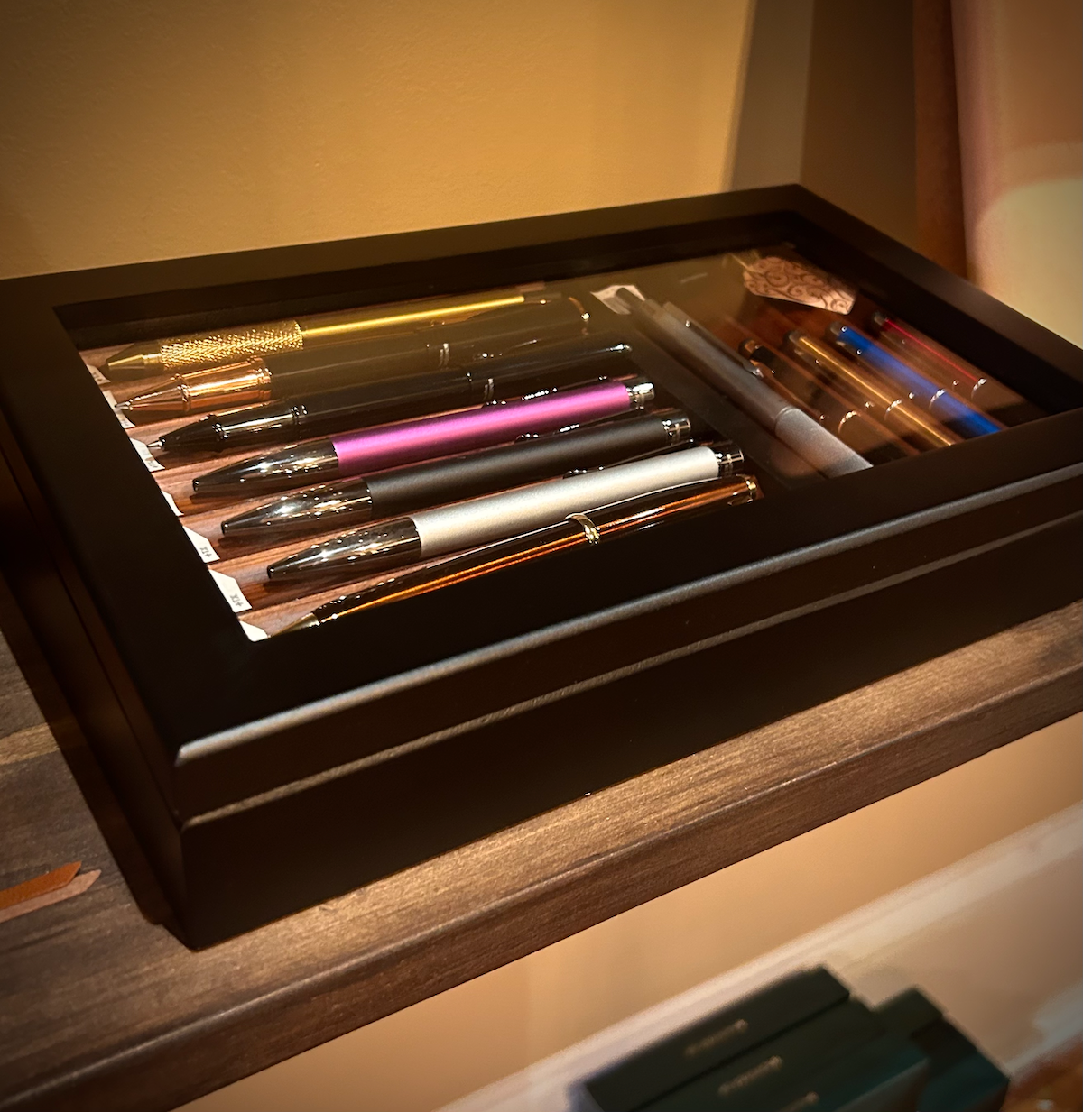 Black Wood Glass Lid Pen Box