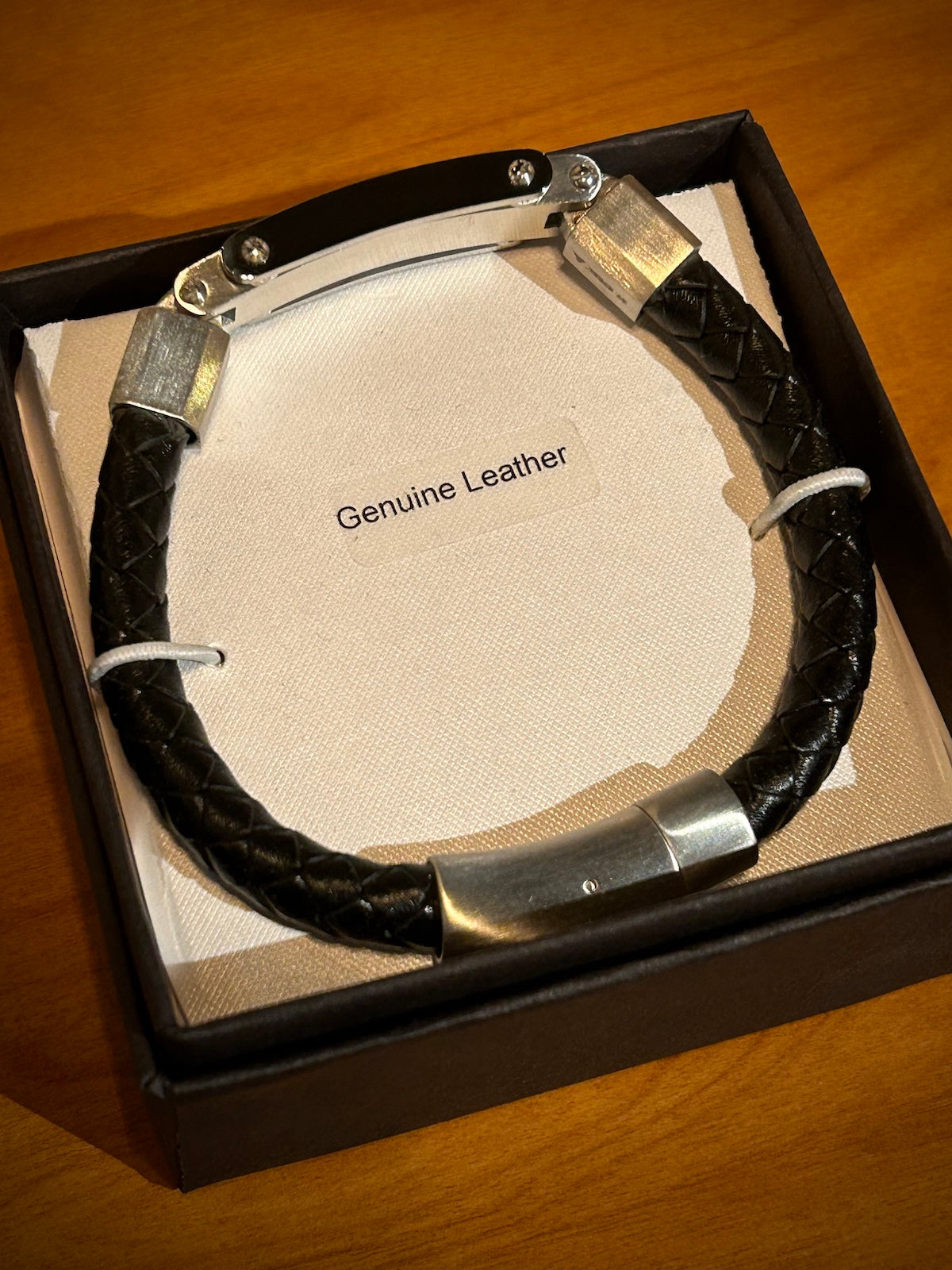 Black Braided Leather Stainless Steel ID Bracelet