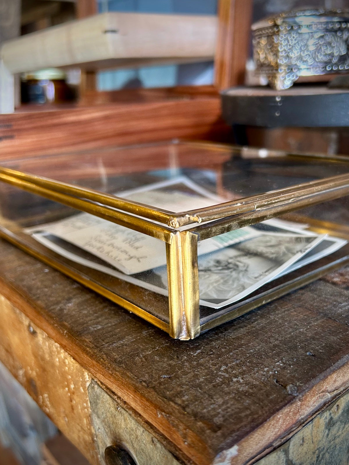 Handmade Antiqued Brass & Glass Keepsake Box