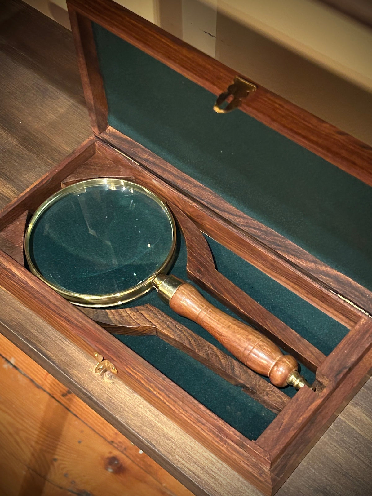 Brass and Turned Rosewood Magnifying Glass with Case