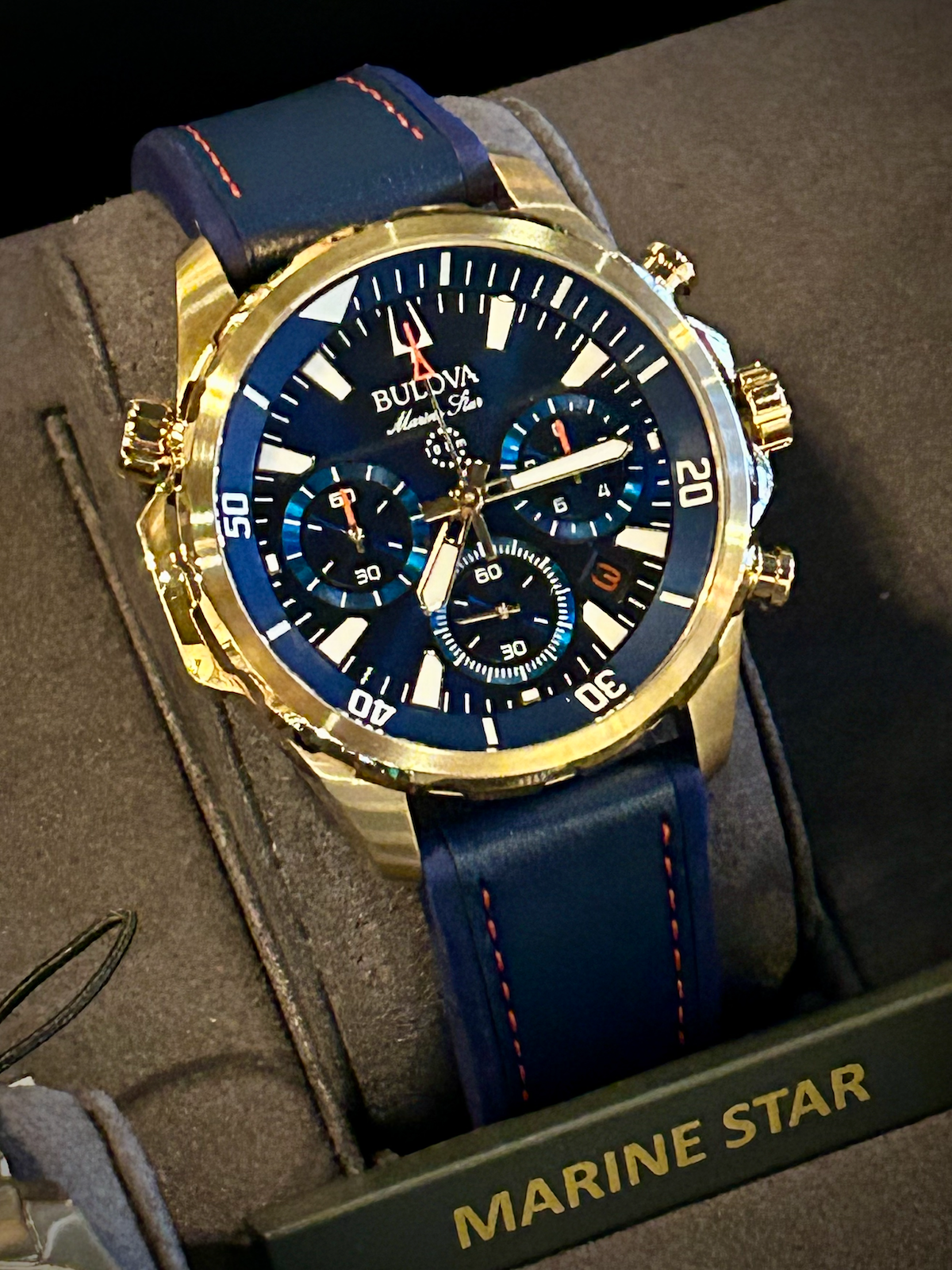 Bulova Marine Star Blue & Gold Chronograph Watch with Leather Strap