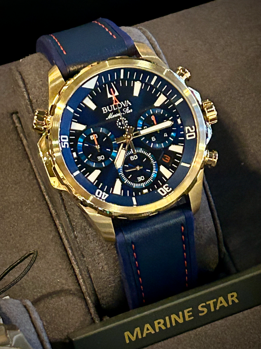 Bulova Marine Star Blue & Gold Chronograph Watch with Leather Strap