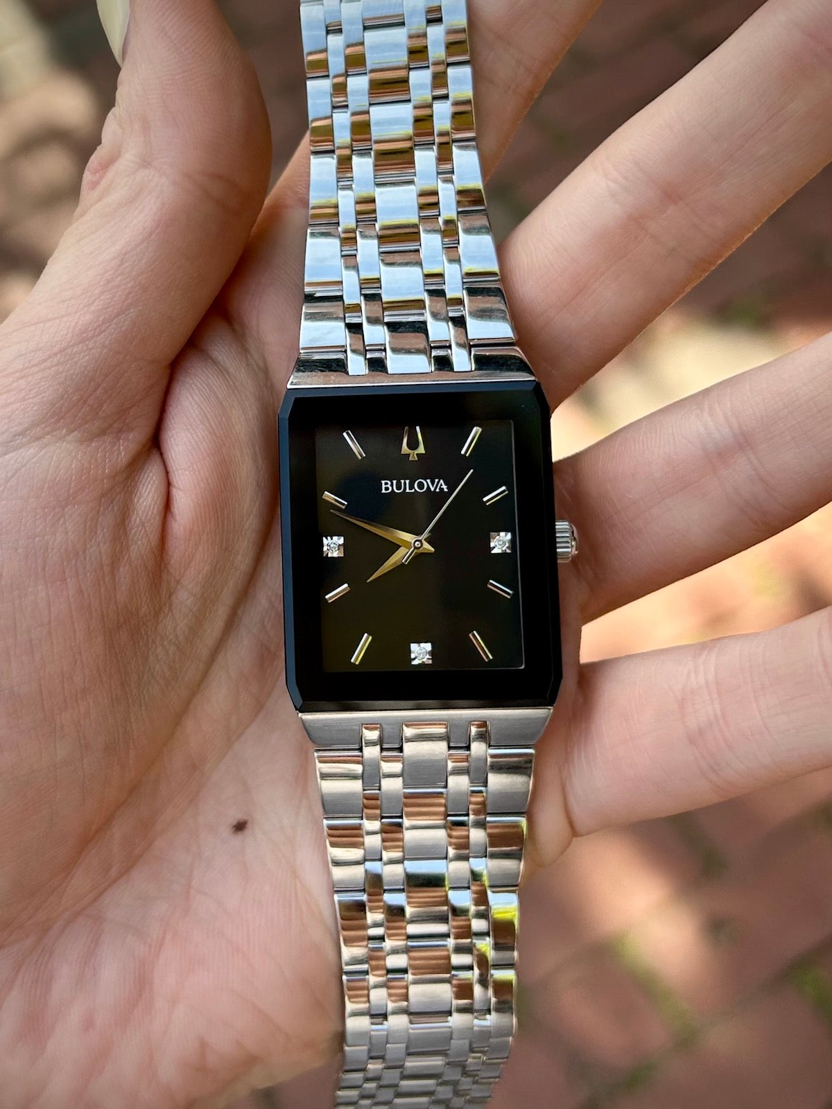Bulova Quadra Silver, Diamond & Black Dial Tank Watch