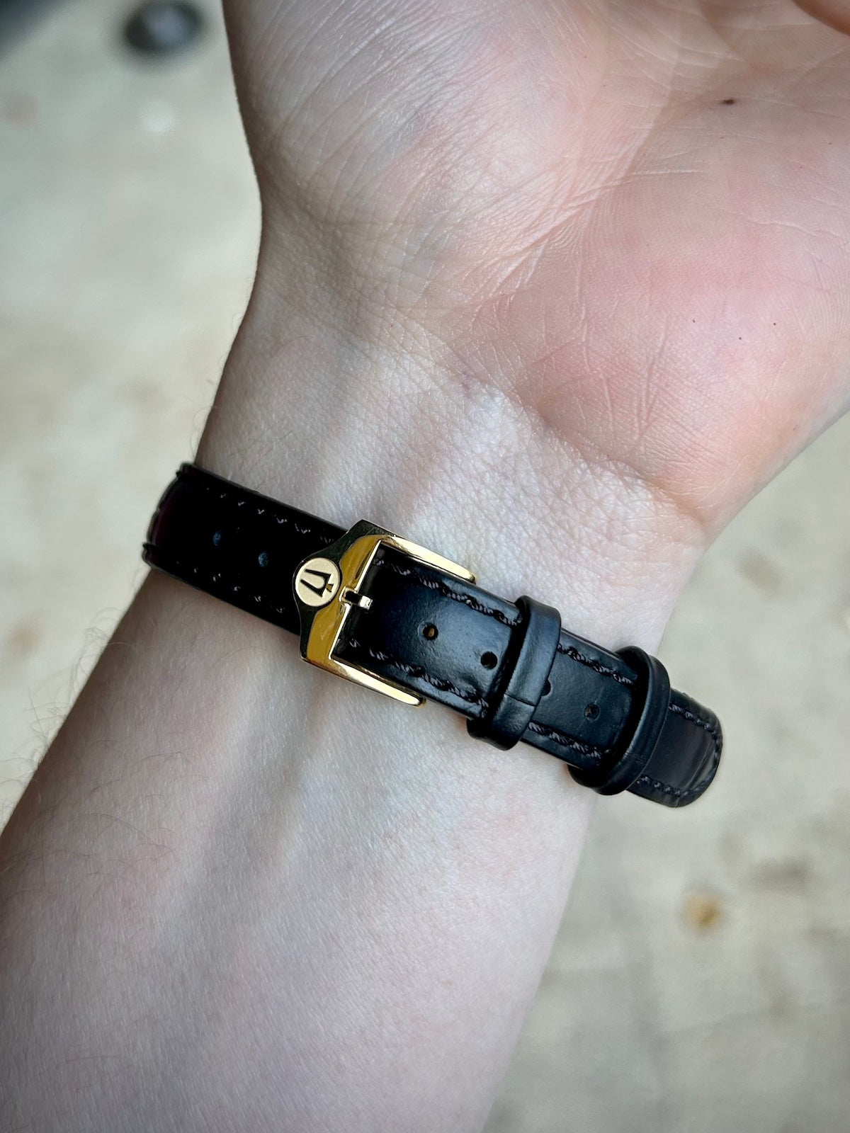 Bulova Ladies Sutton Diamond & Pearl, Gold & Black Leather Watch